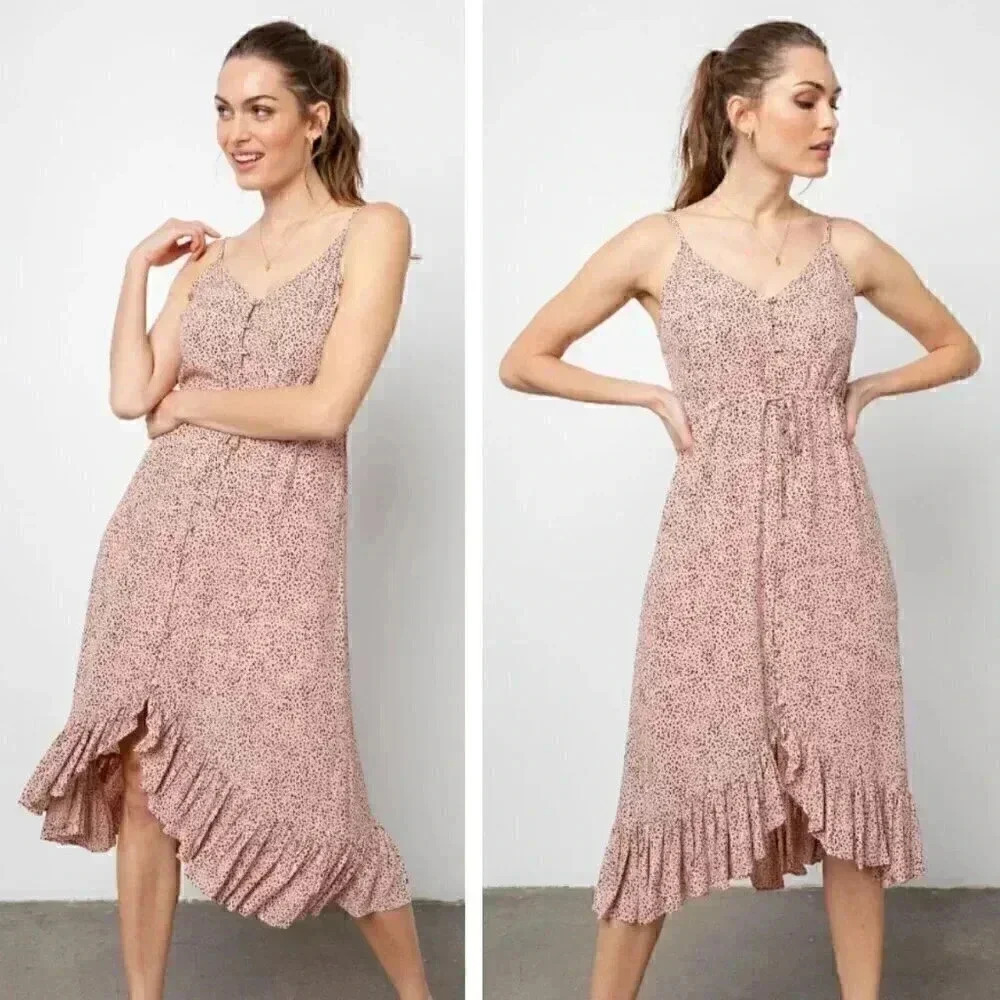 NEW Rails Frida Midi Dress Rose Spotted Wedding Spring Summer Ruffle Flowy